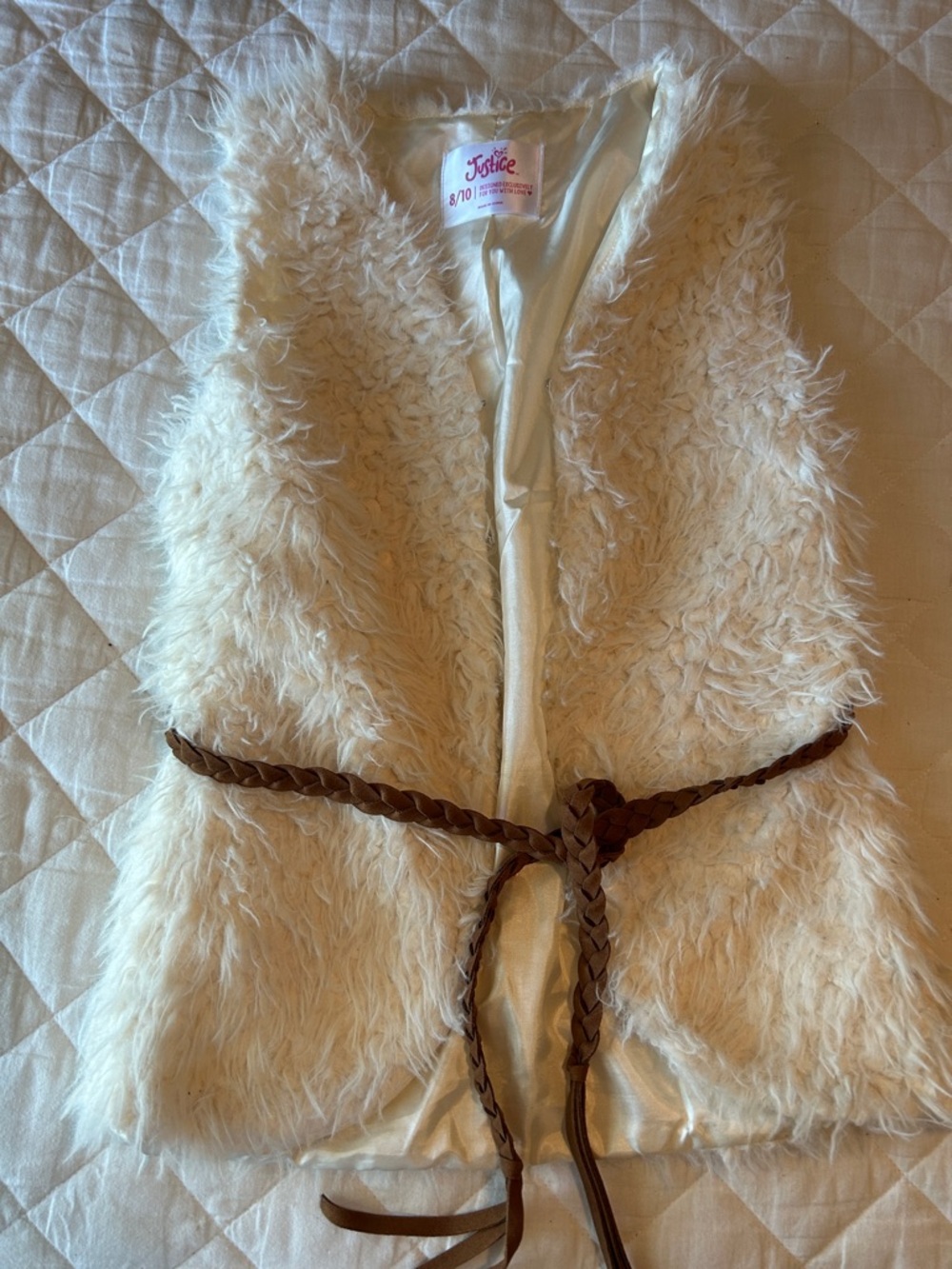 Justice Cream Faux Fur Vest with Brown Braided Belt Accent